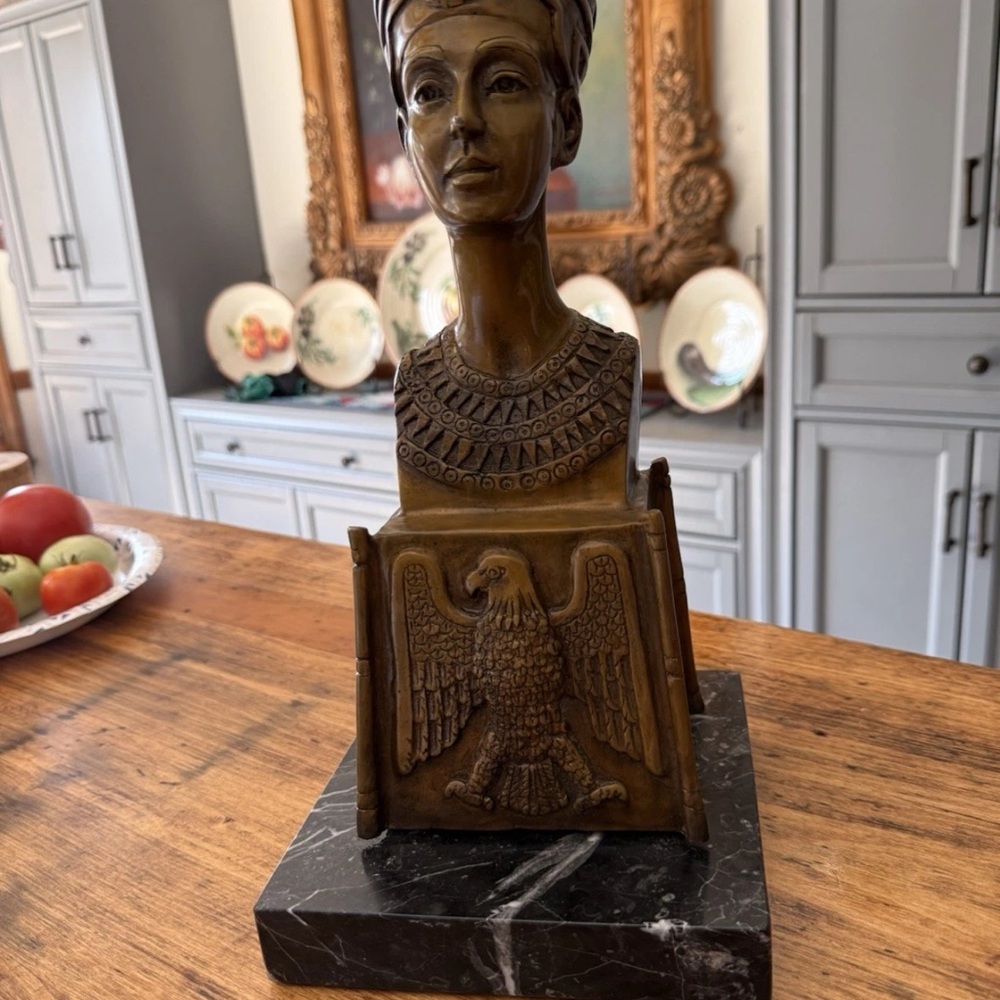Bronze Nefertiti was Bust Sculpture on Black Italian Marble Base